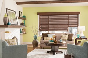 2" Wood Blinds, three-on-one headrail with Cordless Lift/Wand Tilt: Distressed Sunset 1077 and 5-1/2" Noble Cornice: Teriyaki 1694