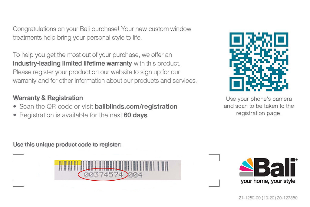 Bali Warranty Registration Card with Product Code